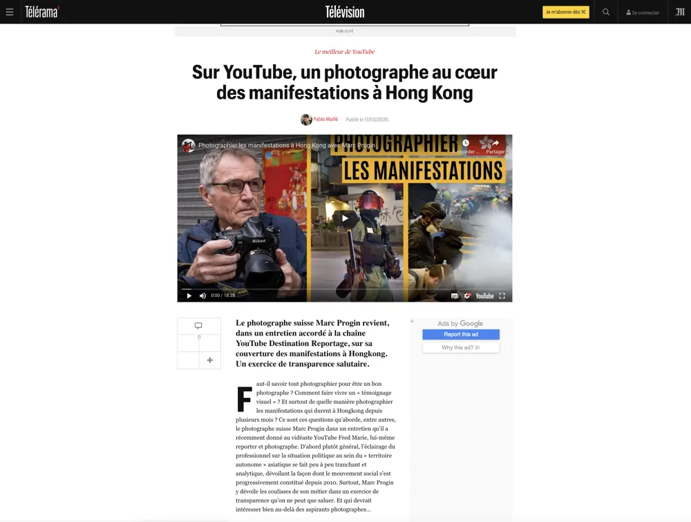 Press tearsheet — a report by Fred Marie published in the press