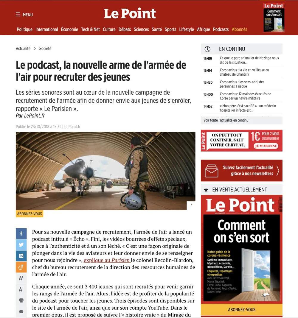 Press tearsheet — a report by Fred Marie published in the press