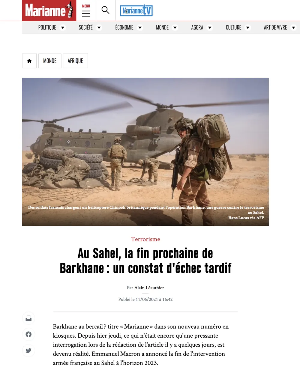 Press tearsheet — a report by Fred Marie published in the press