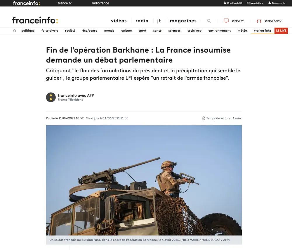Press tearsheet — a report by Fred Marie published in the press