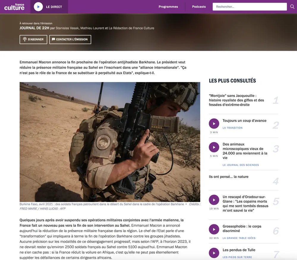 Press tearsheet — a report by Fred Marie published in the press