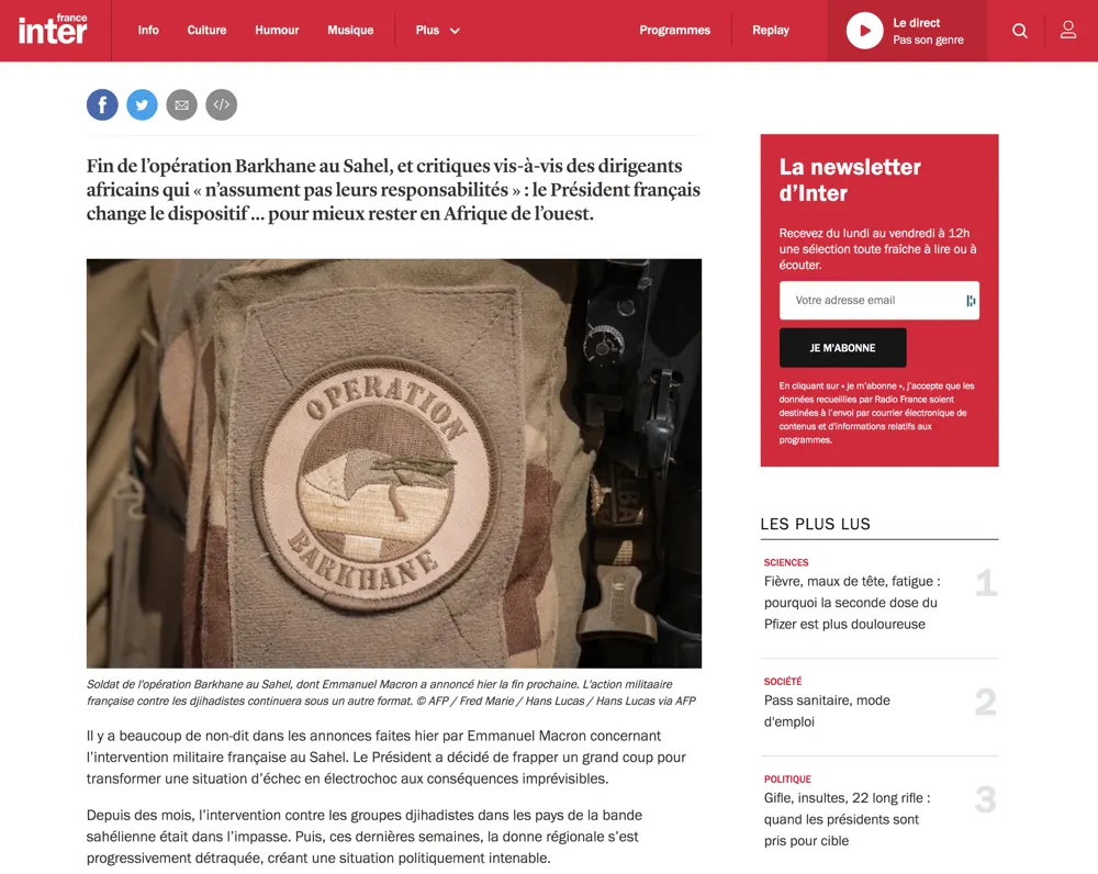 Press tearsheet — a report by Fred Marie published in the press