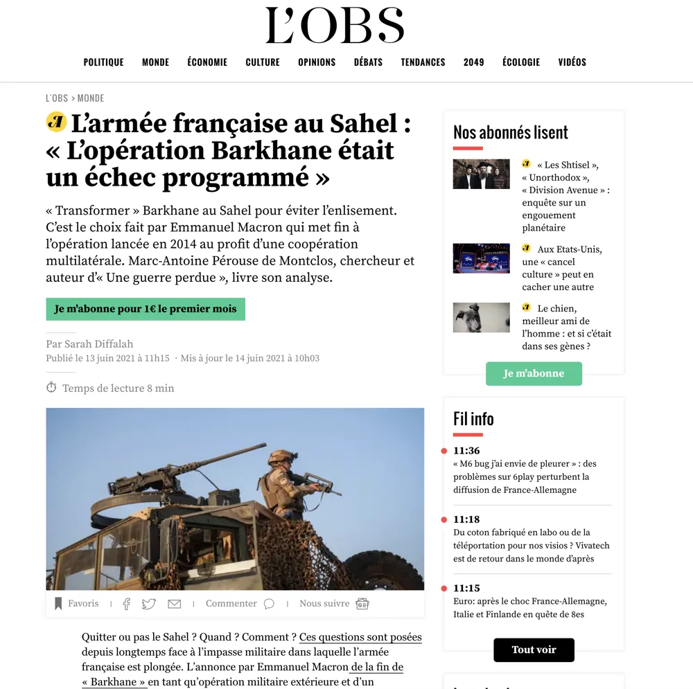 Press tearsheet — a report by Fred Marie published in the press