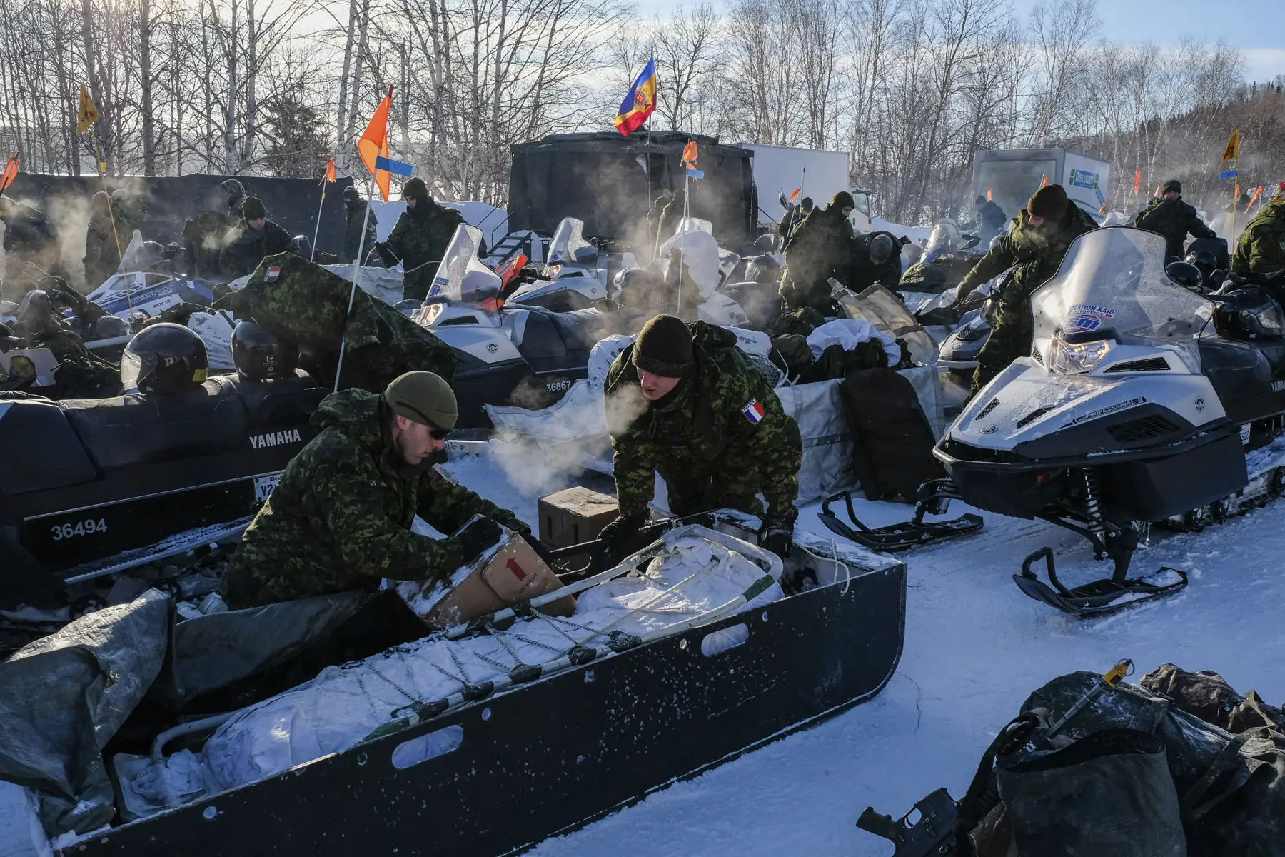 Soldiers load boxes onto sleds among massed snowmobiles in a bright frigid birch forest