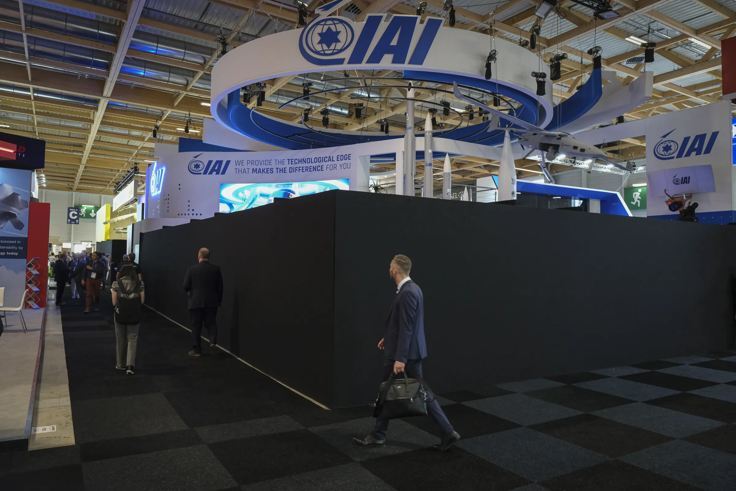 At the Paris Air Show in Le Bourget, an Israeli stand covered with black tarpaulins