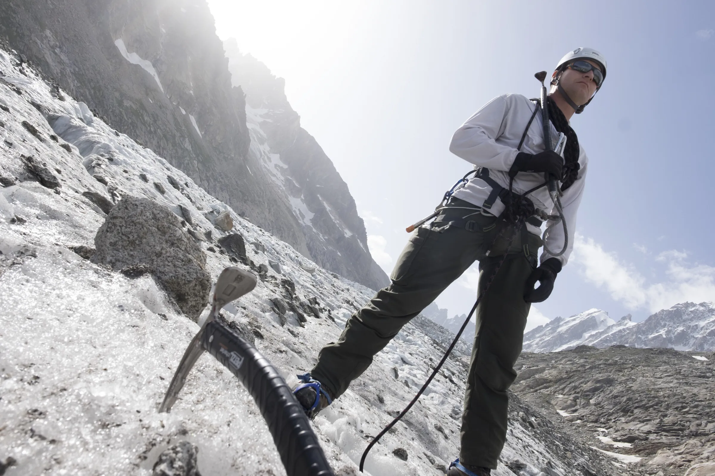 A roped soldier with crampons and ice axe on patrol on the Argentière Glacier