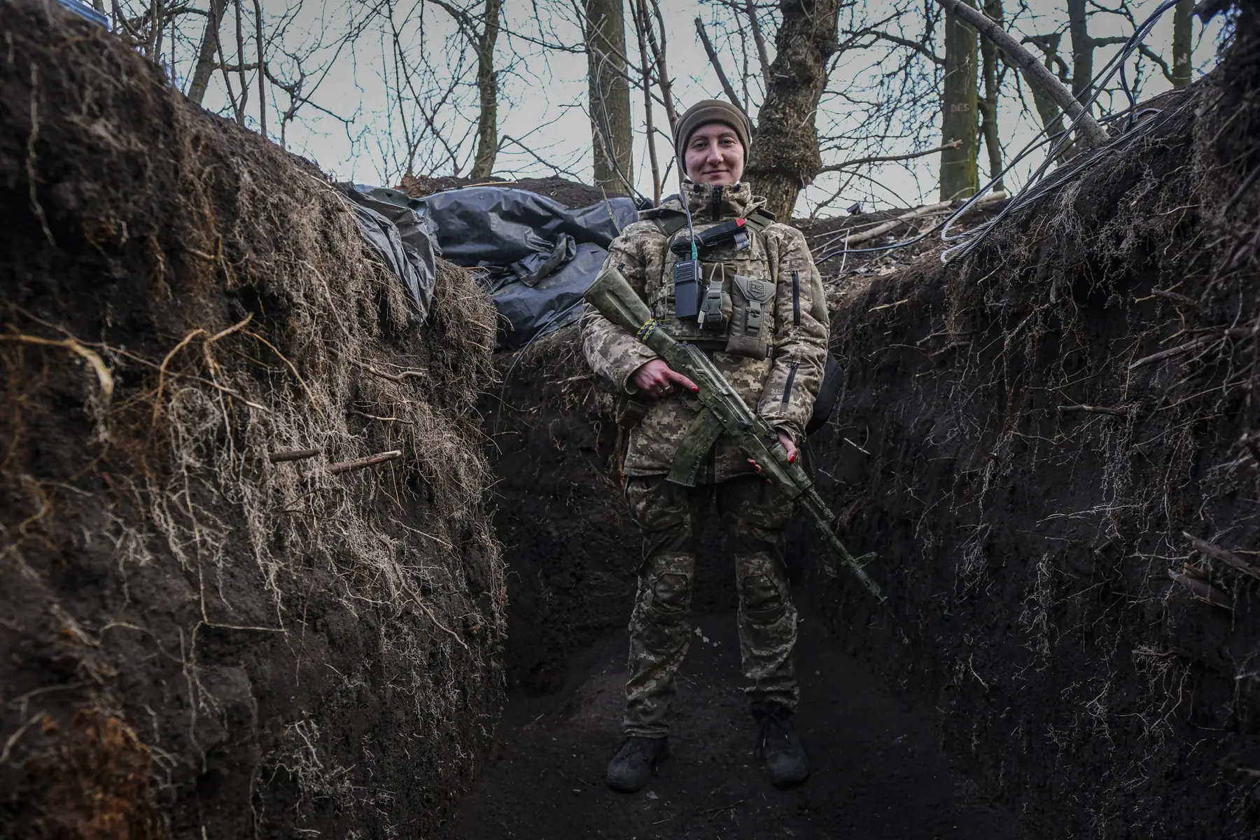 Marie, a Ukrainian drone pilot, in a trench in the Donbass